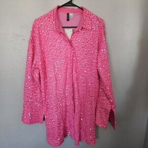 H&M Divided NWT Women's Medium Neon Pink Sequin Top Long Sleeve Button Front